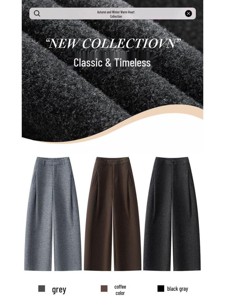 Women's 2025 High-Waist Pleated Wool Scimitar Pants: Autumn/Winter Wide-Leg, Plus Velvet, Warm, Casual, Banana Pants.