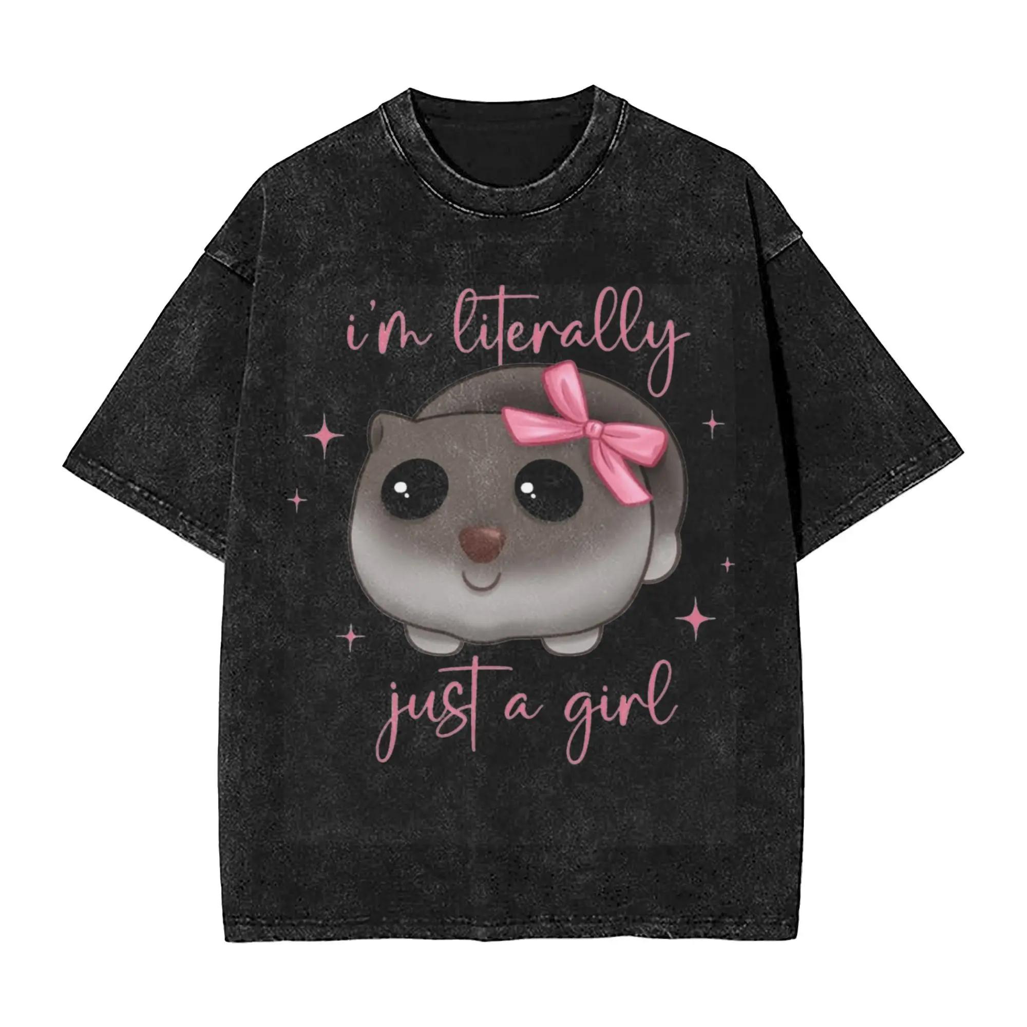 I m Literally Just A Girl Hamster Meme Washed T Shirt Vintage Harajuku Men Women  Oversize T-Shirts Tee Short Sleeve S разноцветный