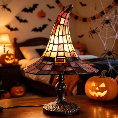 Stained Glass Magic LED Witch Hat Lamp Yellow USB Plug Resin Night Light Small Ornament