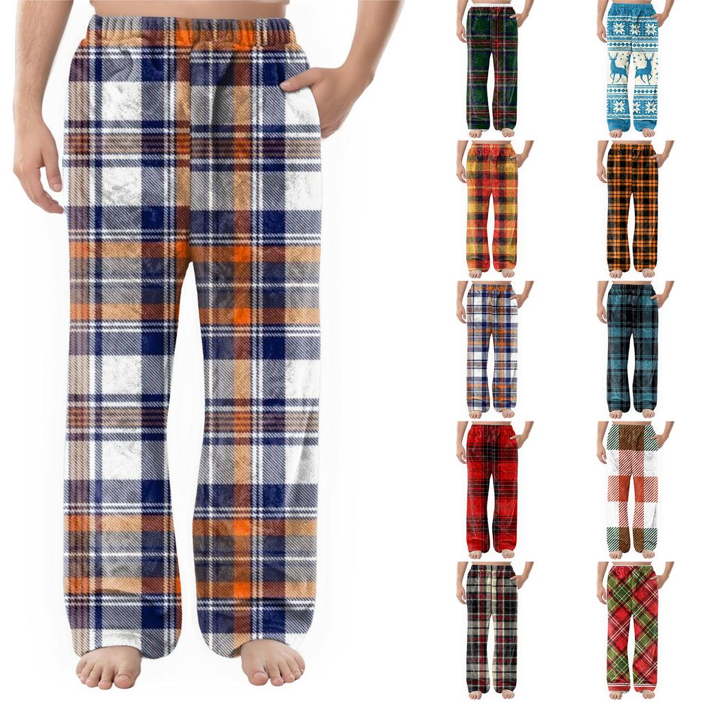 Men's Flannel Pocket Casual Pants, Printed Pocket Casual Pants, Home Sleeping Pants