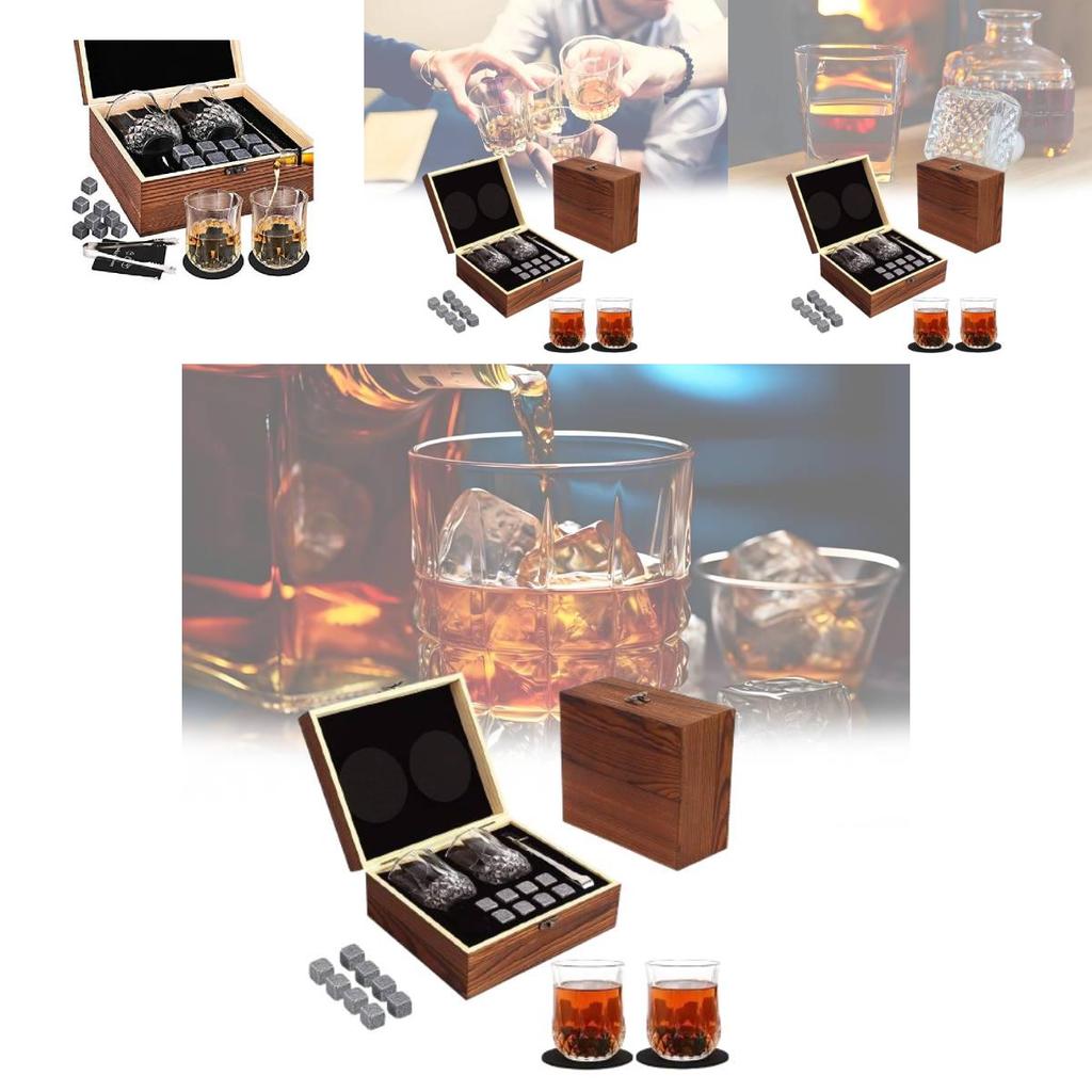 Luxusní sada whisky sklenic z hnědé žuly s whisky kameny a dřevěnou krabičkou
