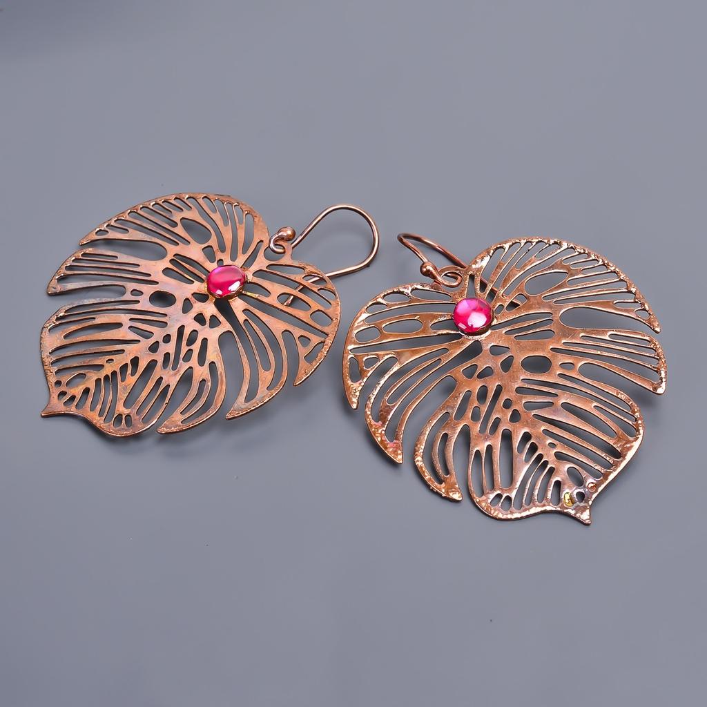 Naturalne Różowe Rubinowe Haczyki Galwanizowane Wiszące Kolczyki Prezent dla Żony Biżuteria Miedź V-49