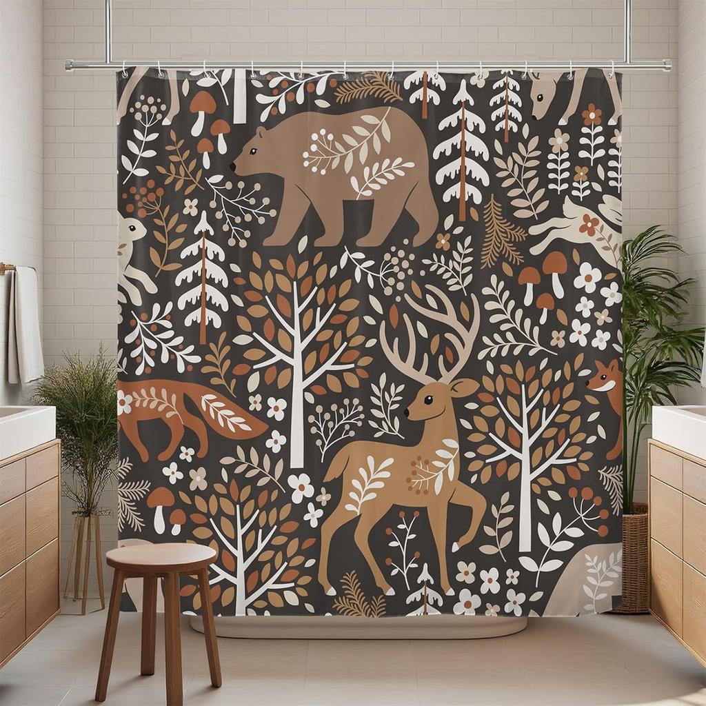 Renaiss Rustic Cabin Shower Curtain Brown Woodland Farmhouse Bath Curtain Hunting Deer Bear Elk Forest Wild Safair Bathroom Decor Animal Shower