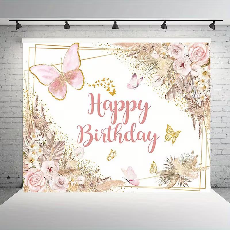 2D Happy Birthday Backdrop Pink Gold Butterfly Floral Party Background Banner