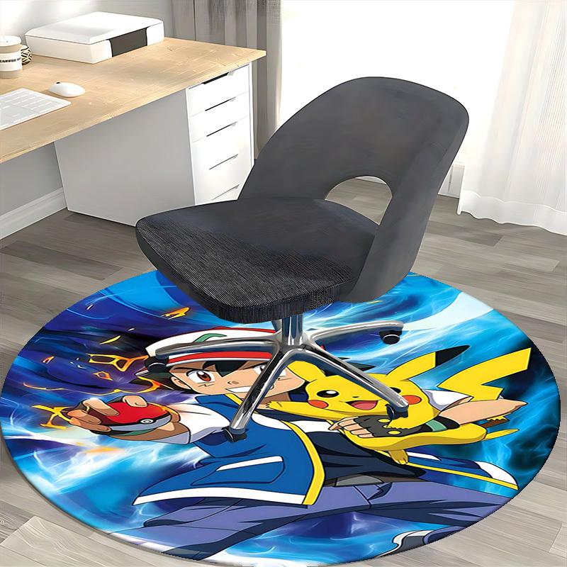 1pc Pokémon Pikachu & Ash Anime Design Round Carpet - Office Chair Mat, Non-Slip Rug for Home Decor, Living Room