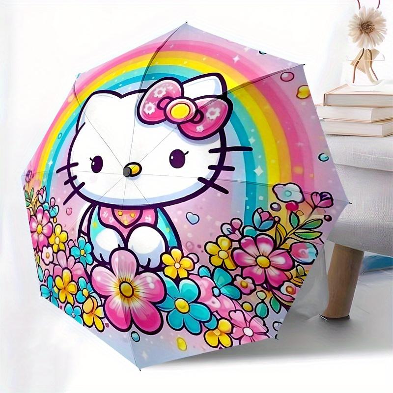 Hello Kitty, Rainbow Automatic Open/Close Umbrella Cute Umbrella with Cute Design, Portable 3 Fold Compact Umbrella for Men & Women, Hallowe