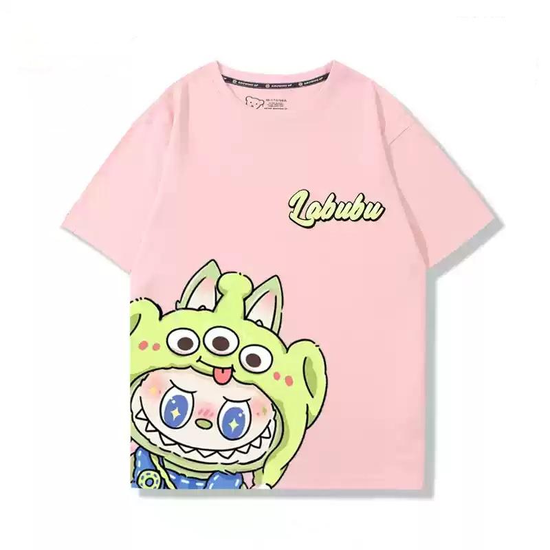 Labubu pink printed T-shirt anime short-sleeved top unisex fashion casual