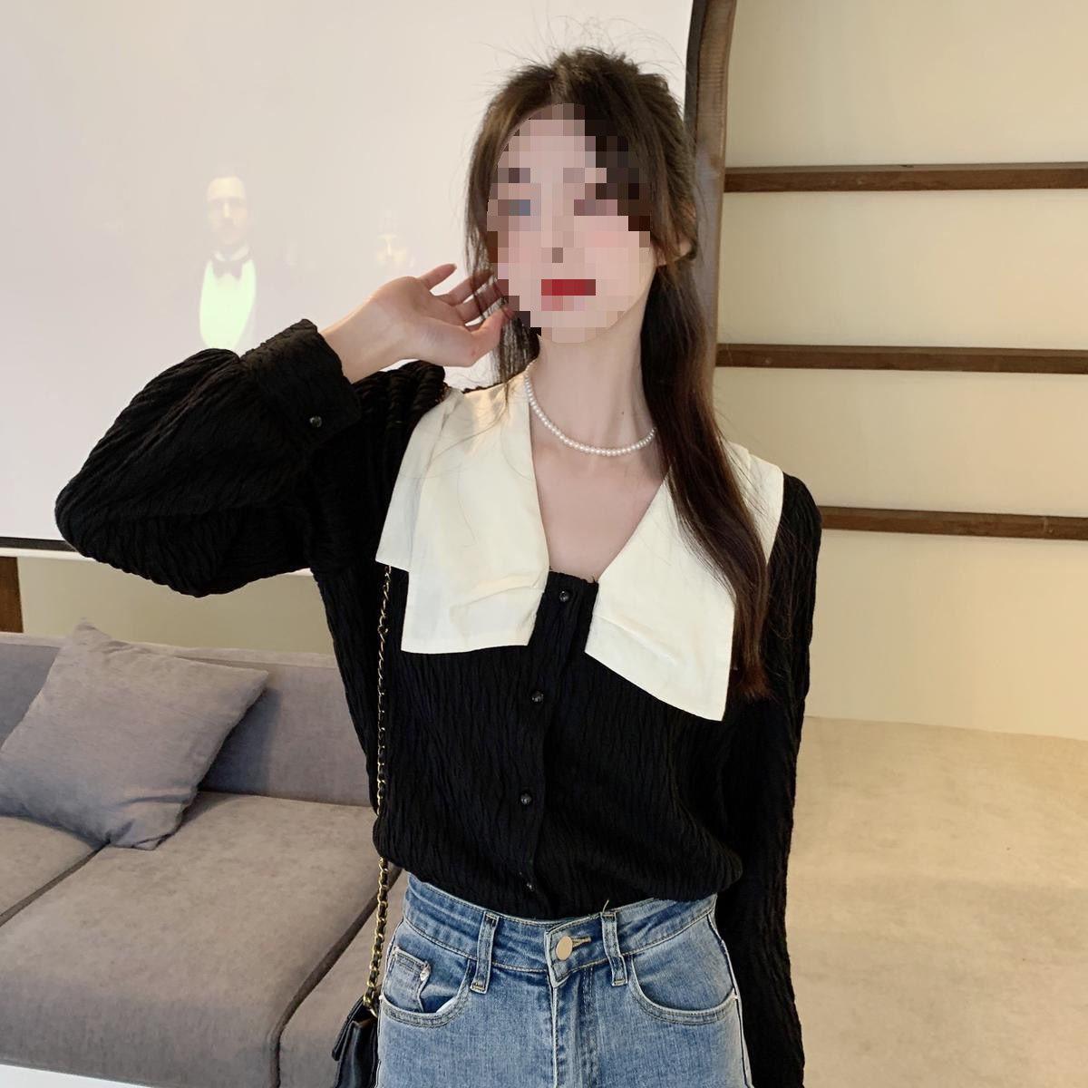 

Black Women s Long Sleeve Korean Chic Blouse - French Collar, Lightly Mature Style, New Spring Collection L (Recommend 110-120) чёрный