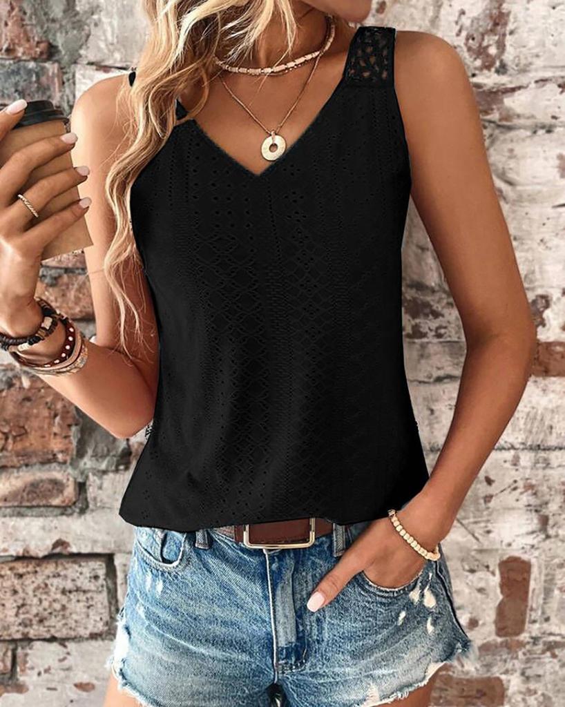 Chaleco de Verano para Mujer Calado Color Sólido Cuello en V Camiseta sin Mangas