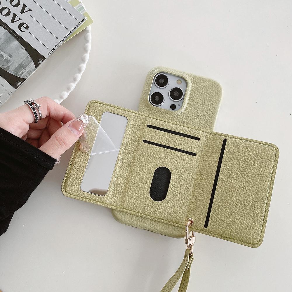 For iPhone 14 Pro Case Mirror Design PU Leather Back Cover with Card Slots,Wrist Strap