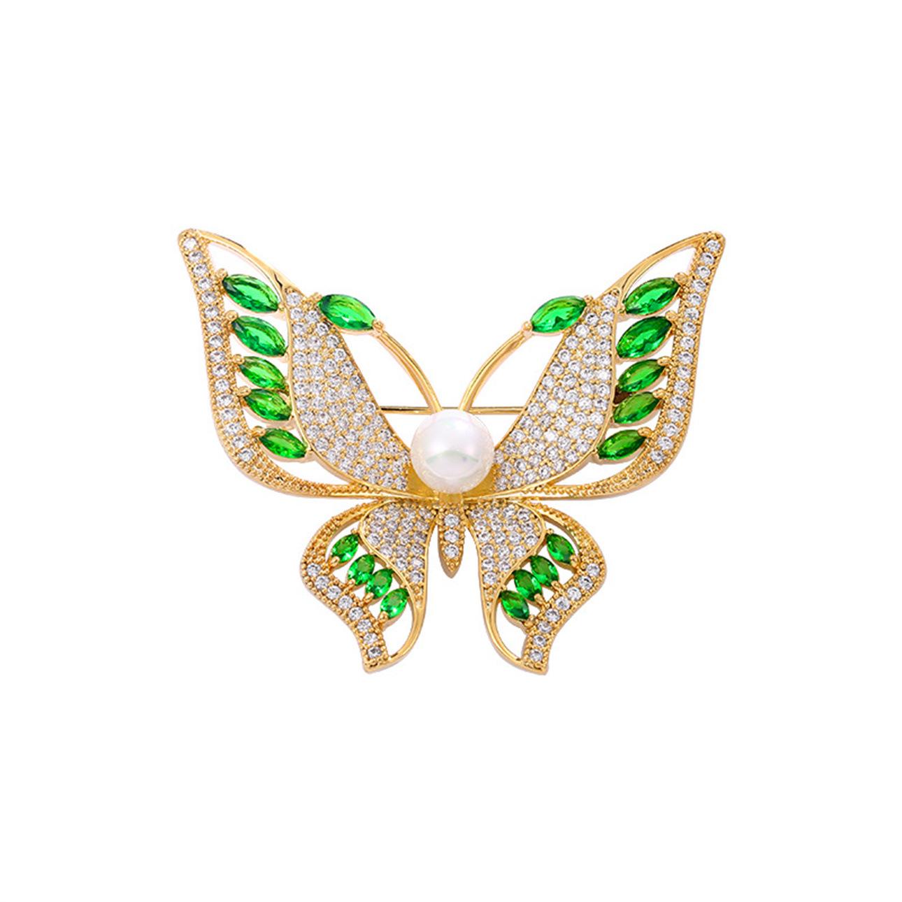 Korean Fashion Green Crystal Pearl Butterfly Brooch for Sweaters and Jackets