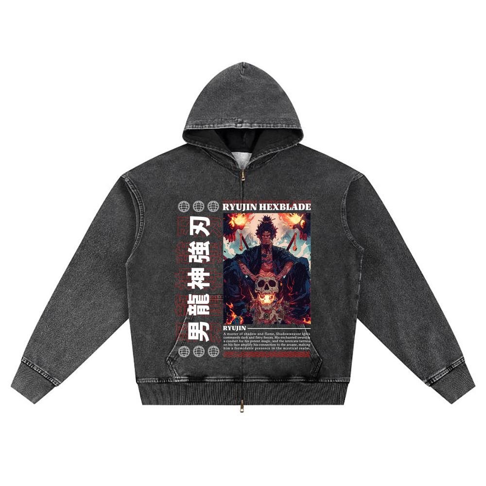 DTG print Knitted Denim Zip-Up Hoodie Japan Samurai Brother Print Zipper Hoodies  