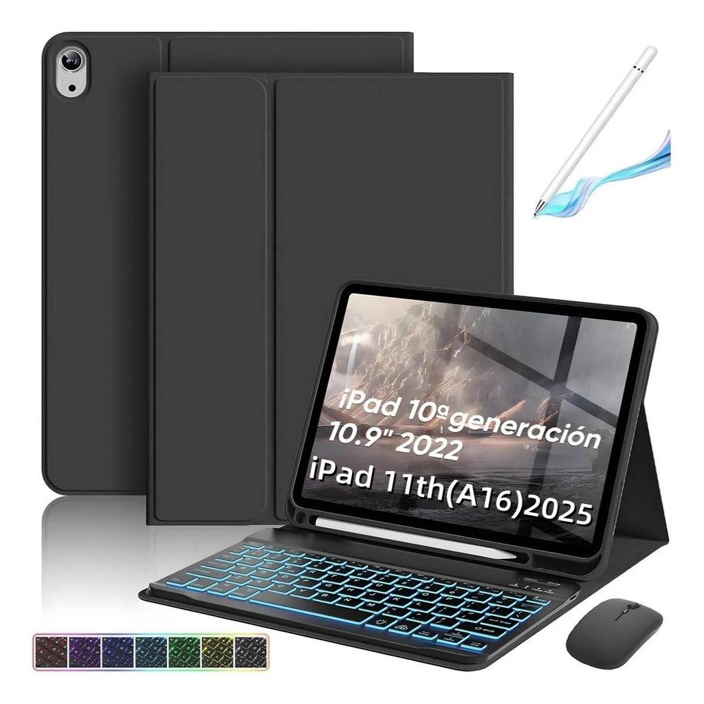 Compatible Backlit Bluetooth Keyboard Case with Pen Slot for iPad 10th Gen - Spanish Layout & 11th Stand Shell