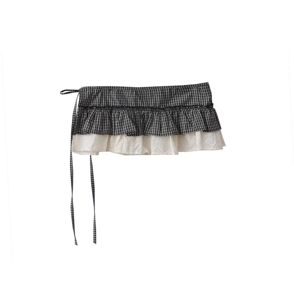 Women's Retro College Black Plaid Embroidered Lace Patchwork Skirt with Meat-Concealing Curtain