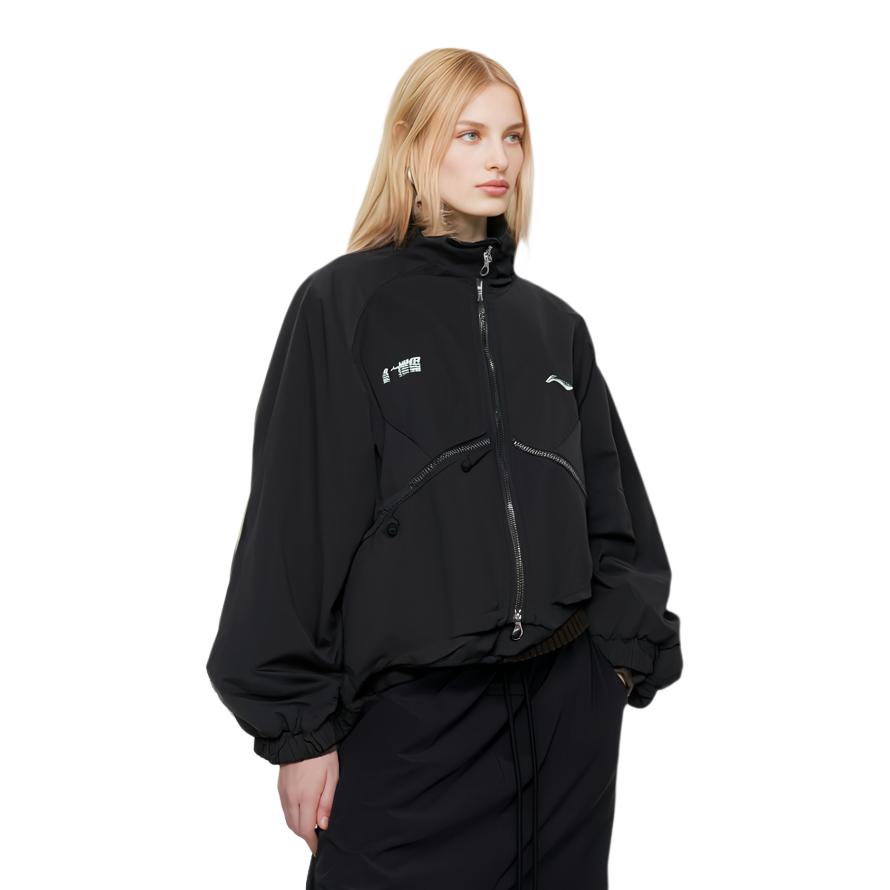 Li Ning Solid Color Spliced Logo Loose Casual Jacket Women Jacket Black AFDS210-2