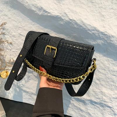 Tasche mit Krokodil-Schnallen-Dekoration für Damen PU Schulterketten-Tasche einfarbig Klappe exquisit Messenger Bag Qualität