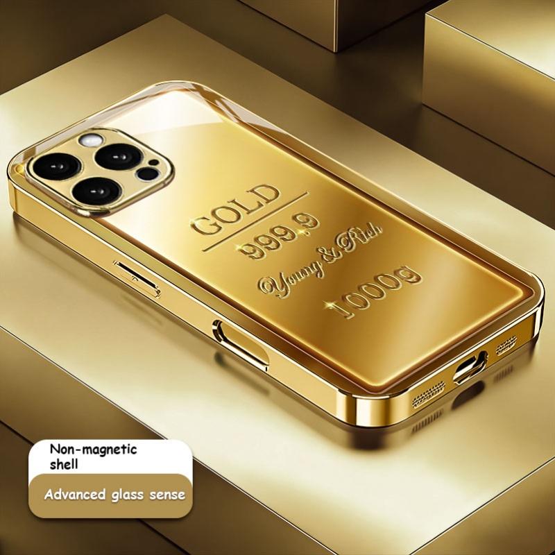 

Tempered glass Phone Case Luxurious PhoneCase Electroplated Gold Pattern Design For iphone 17 Air 16 Pro 15 ProMax 14 13 12 Plus For iPhone 14 бежевий