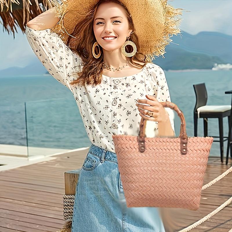 1pc Handmade Simple Woven Tote Bag Women’s Shoulder Bag Straw Decoration Beach Casual Handbag