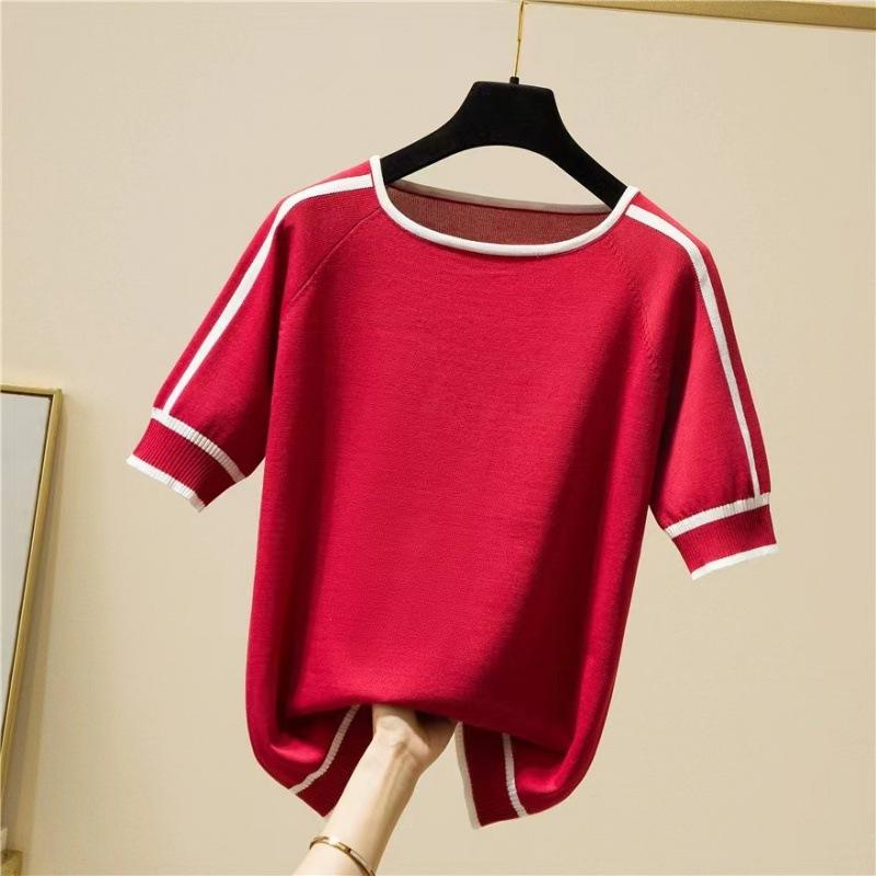 Casualowa cienka koszulka z dzianiny Letnie topy z krótkim rękawem Eleganckie ubrania damskie Modna koszulka w paski