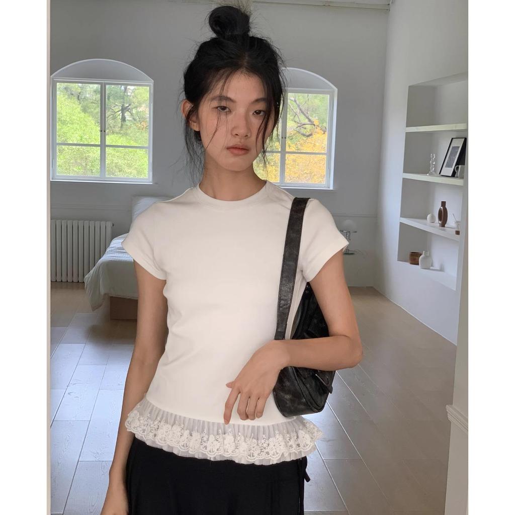 Women's White Lace-Trimmed Ballet-Style Slim Fit Short Sleeve T-Shirt - Summer 2025 Collection