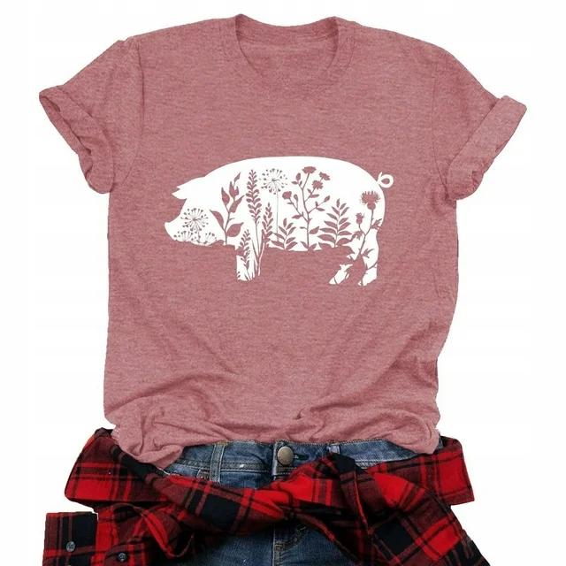 Women's T-shirt with short sleeves, pig, pink, size L