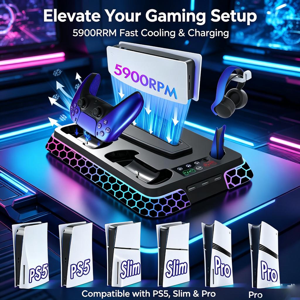 For All-in-One Cooling Stand Base PS5/PS5 Slim/PS5 Pro Model with RGB Lighting Effects Storage Function and Controller Base