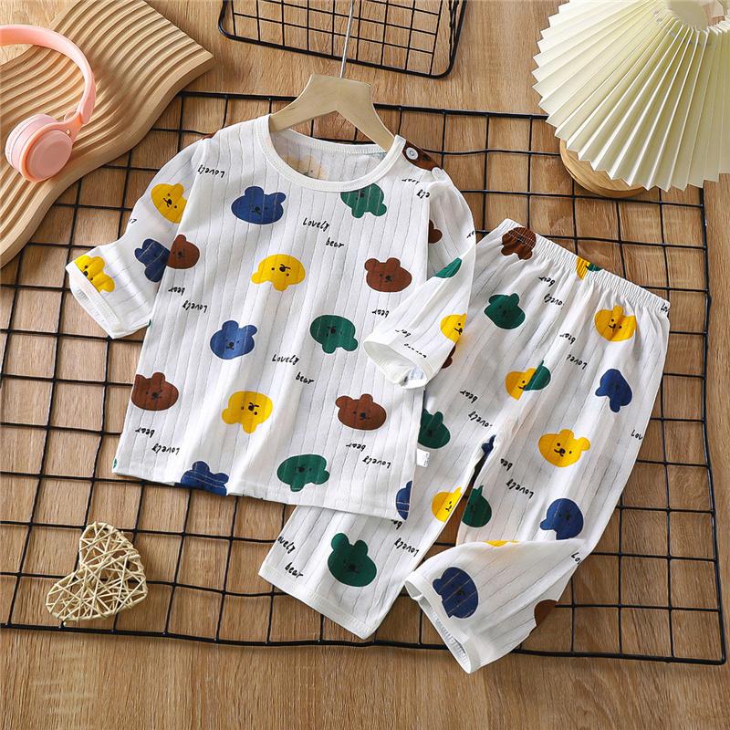 Kids Cotton Pajama Set Summer 3/4 Sleeve Sleepwear Soft & Breathable Loungewear for Boys and Girls