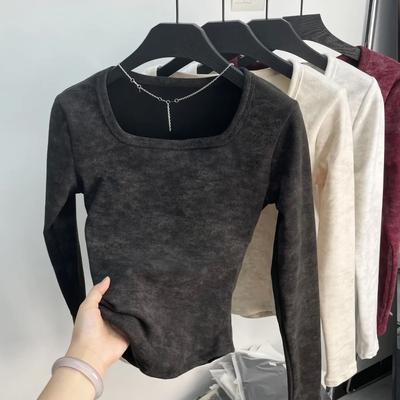 American Retro Tie-dye Square Neck Long Sleeve T-shirt Women's Autumn and Winter New Velvet Inner Layer Slim Slim Undershirt Top