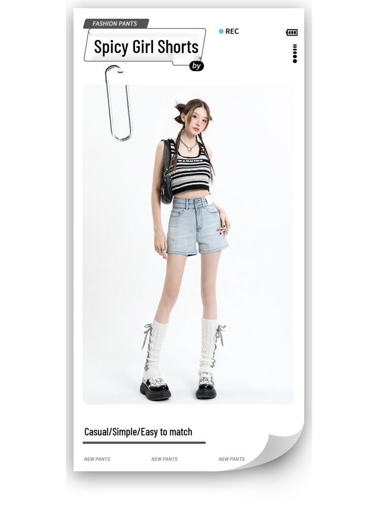 Shorts vaqueros retro de talle alto de verano 2025 con línea A para mujer