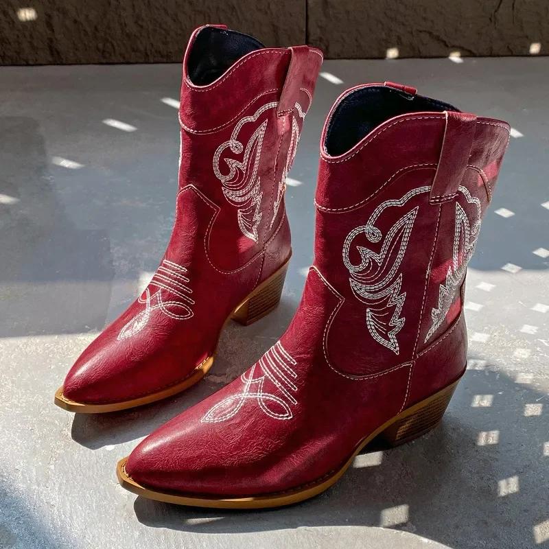 Fashion Women's Spring and Autumn New Pointed Toe Embroidered Sleeve Square Heel Mid-Tube Knight Boots Plus Size Western Short Botas