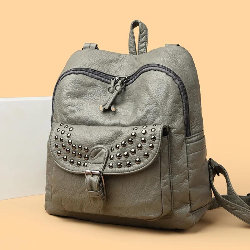 2025 Soft Leather Women Backpacks Rivet Multifunctional Shoulder Bags Female Retro Travel Teenage Girl Fashion Schoolbag