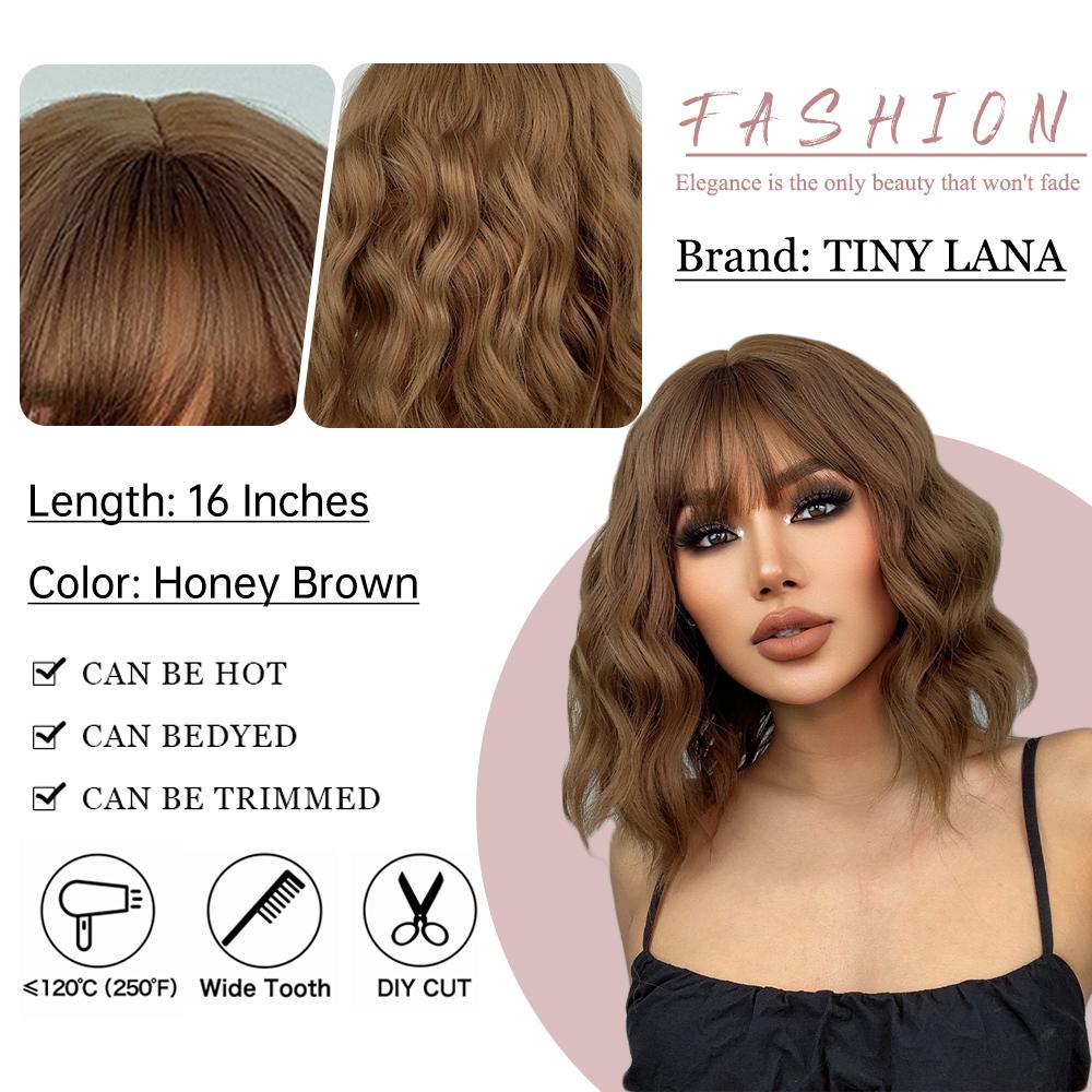Short Wavy Honey Brown Copper Synthetic Wigs with Bangs Cosplay Bob Wig for Women Afro Daily Natural Heat Resistant Hair