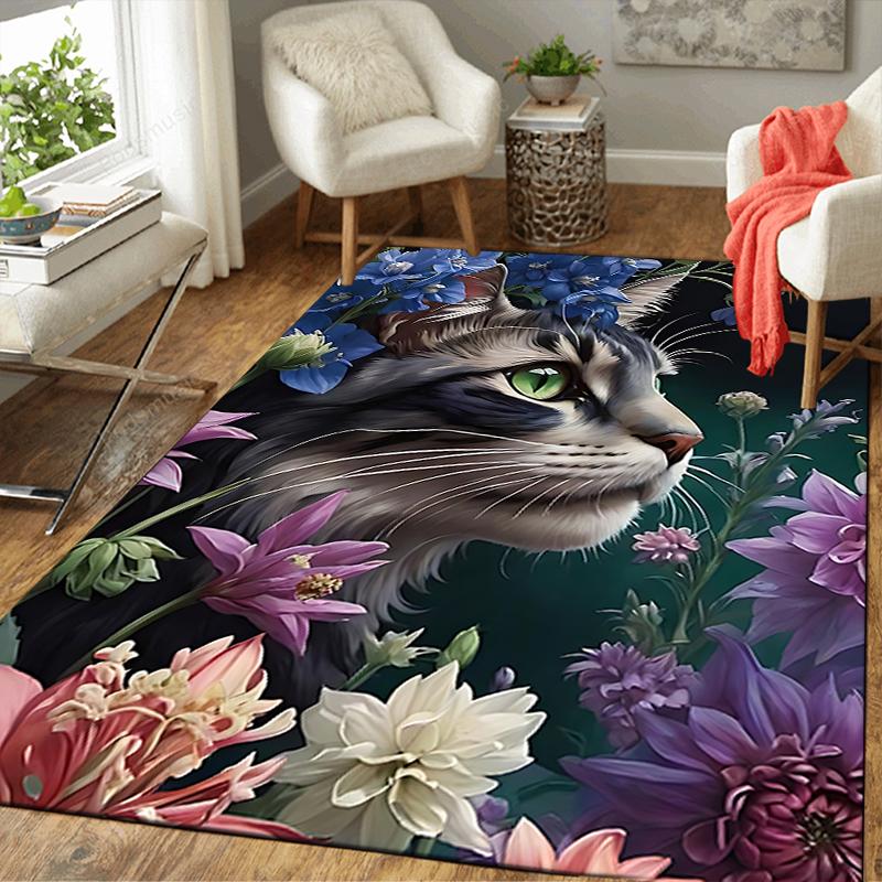 1Pc Cat Amidst Floral Splendor Rug, Office Carpet Indoor Outdoor Doormat, Non-Slip, Comfortable, Living, Christmas Halloween, Xmas Gift G116