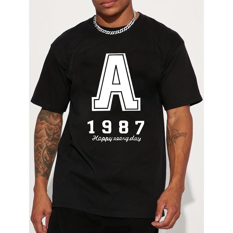 

European Size Letter A and 1987 Text Print American Trendy Brand Design Graffiti Letter Print Short Sleeve T-Shirt High Street Couple Top 4XL чорний