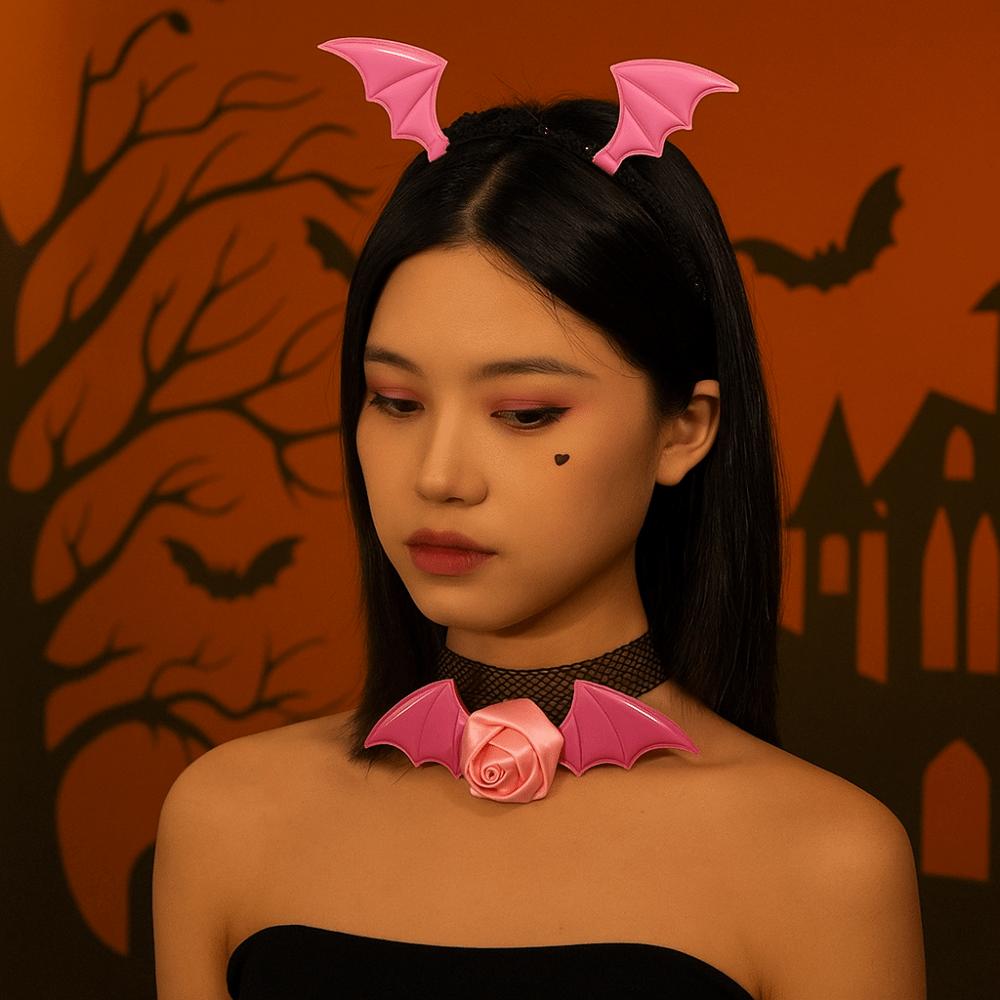 Mesh Bat Wings Hairband Lace Halloween Hair Hoop Fashion Headband Necklace Set  Halloween Party