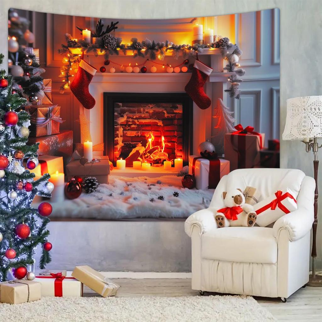 Vintage Christmas Fireplace Tapestry: Holiday Tree Photo Background Hanging Cloth