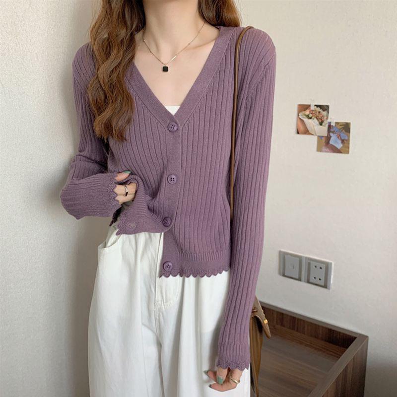 Women's Slim Fit Rib-Knit V-Neck Cardigan – Autumn Long-Sleeve Outerwear