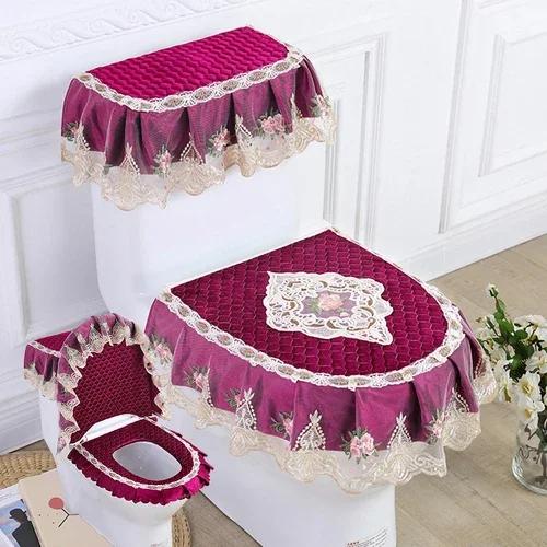 Μαξιλάρι τουαλέτας με δαντέλα Four Seasons Σετ καθίσματος τουαλέτας με εκτύπωση φανέλας τριών τεμαχίων με φερμουάρ σε σχήμα U Beauty κάλυμμα για τη σκόνη τουαλέτας