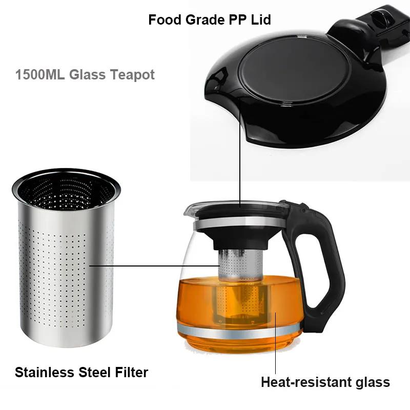1500Ml Heat Resistant Glass Teapot Infuser Transparent Teapot Cup Puer Oolong Drinkware Home Office Glass Flower Tea Maker