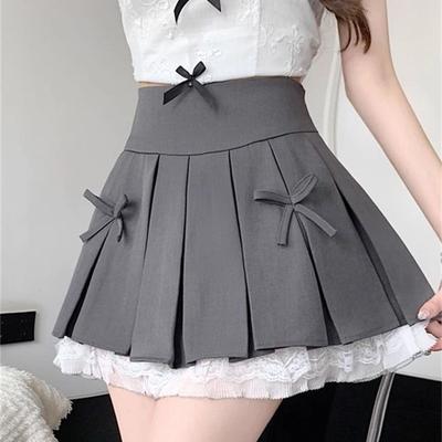 Spring and Summer Lace Edge Bow Short Skirt High Waist Splicing A-shaped Skirt Pleated Skirt