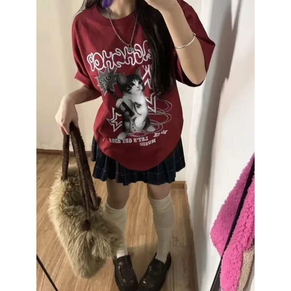 Cute Style Women's White Short-Sleeve T-Shirt, Loose Summer Top with Cartoon Prints for Sweet Look