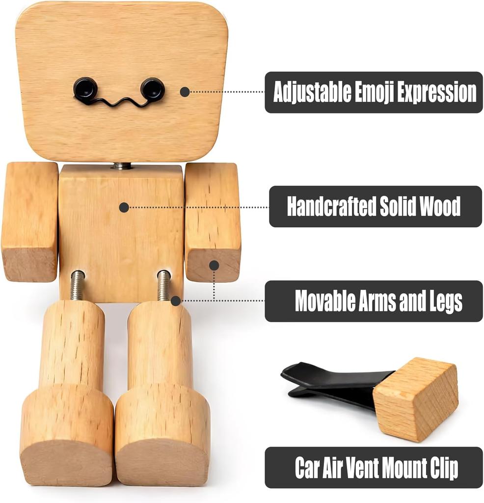 Wackelnde Füße Holzpuppe mit Federbeinen & 12 Stk. Magnetische Ausdrücke, DIY Kreative Ornamente, zur Dekoration des Armaturenbretts