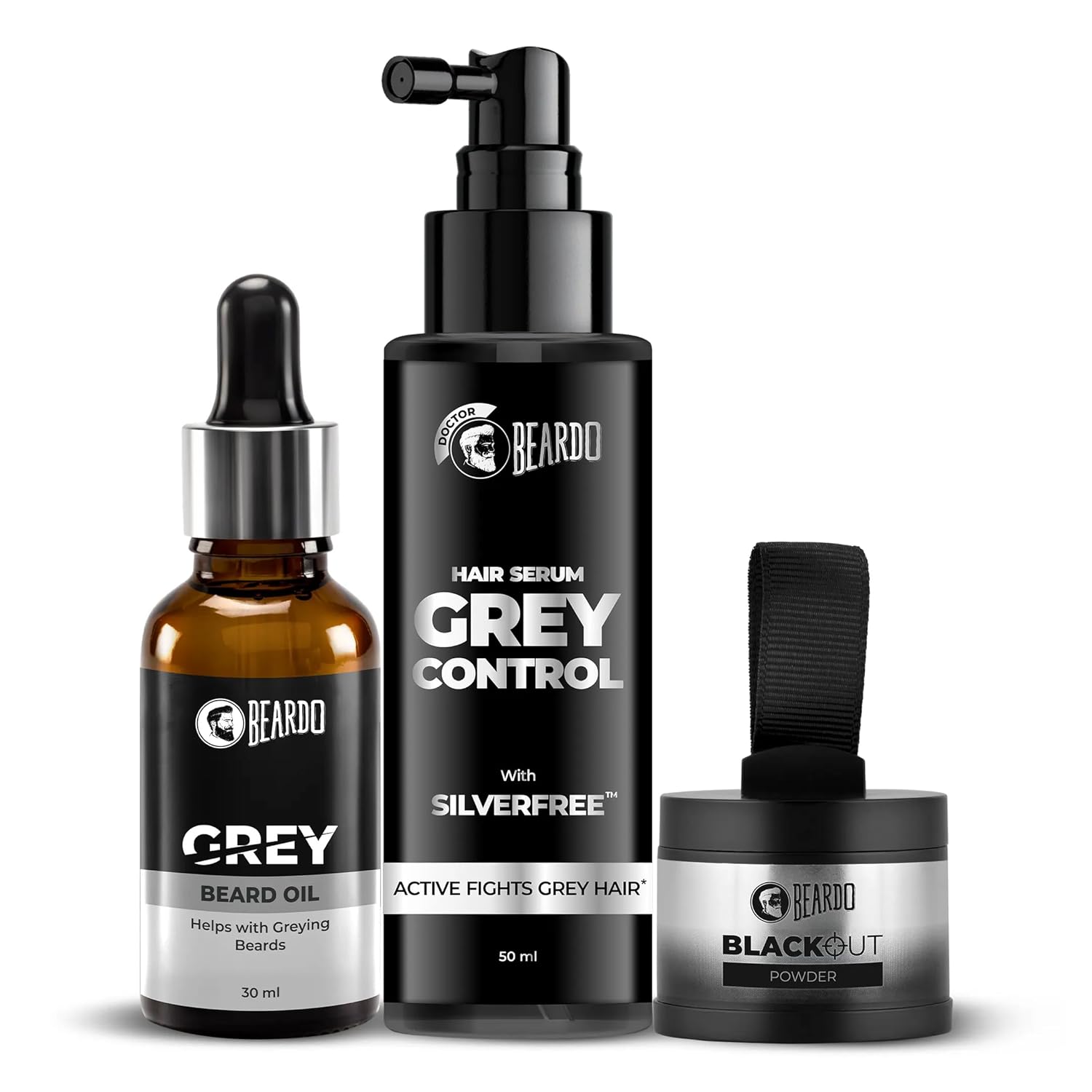 

Beardo Grey Fix Kit For Men Anti Grey Hair Serum Beard Oil Blackout Powder Root Touch Up Grooming Set Pack Of 3