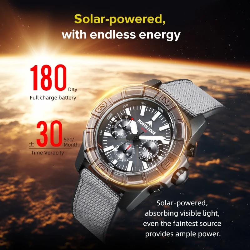 NORTH EDGE BLAZE Men's Watches Solar Power 316 stainless steel Case Quartz Watch For Men Pilot Sports Waterproof 50M Stopwatch