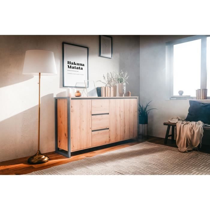 DENVER Buffet 3 portes 3 tiroirs - Décor chêne artisan / Anthracite - L 160 x P 40 x H 88 cm
