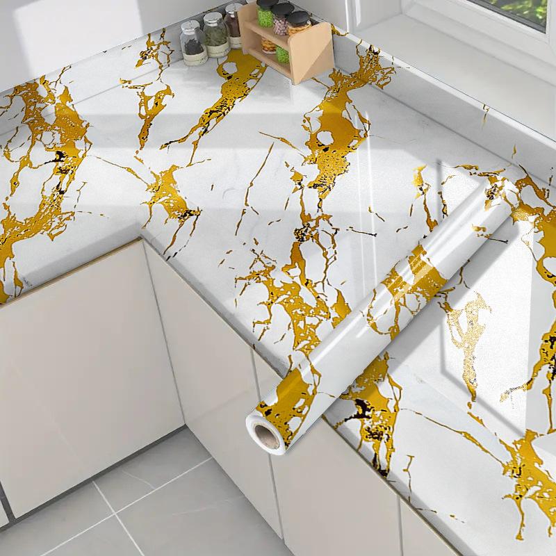 Self-Adhesive Gold Foil Marble Wallpaper Peel & Stick, Waterproof Oil-Proof Kitchen Backsplash Countertop Sticker, 5-Layer PET Wall Decal for Furnitur