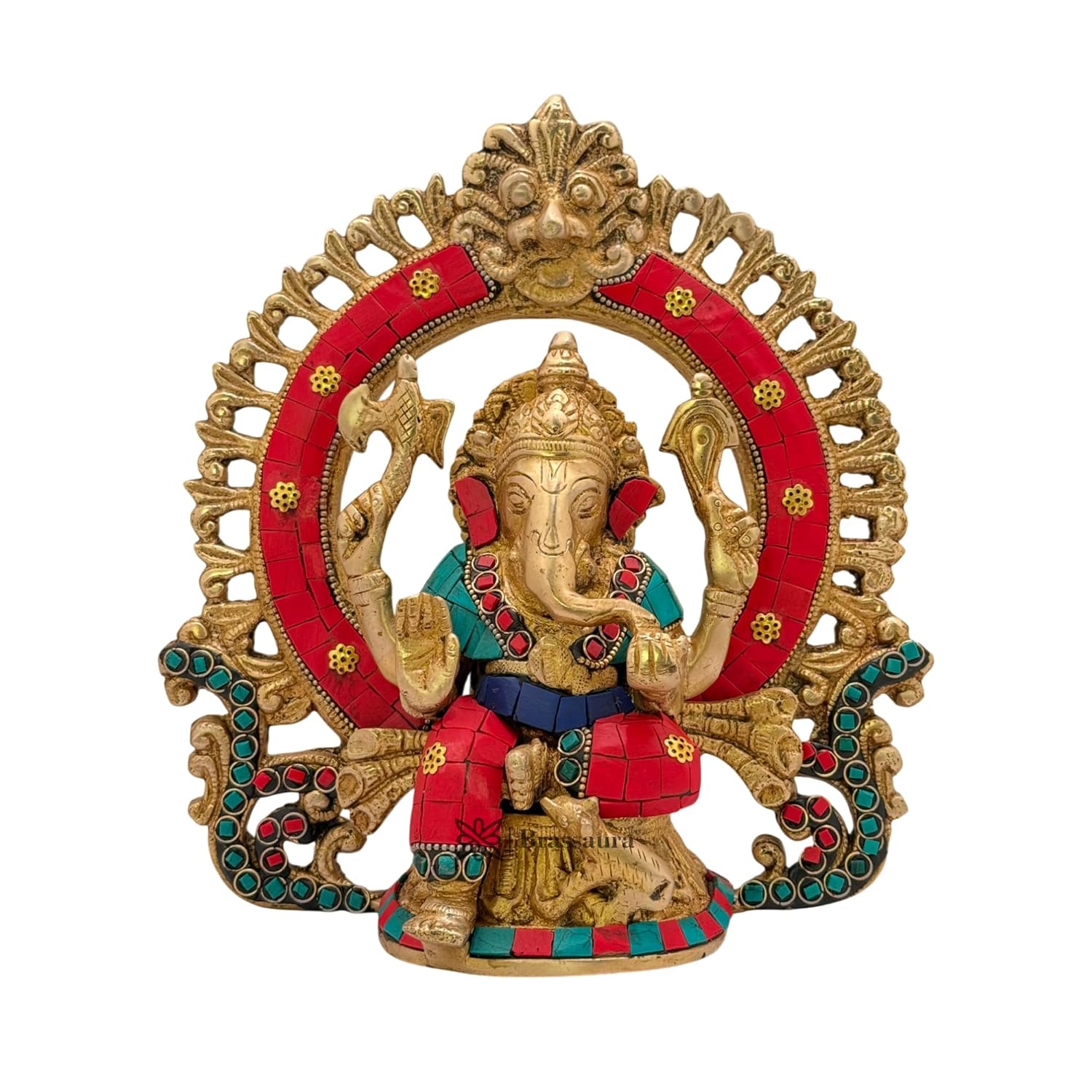 Pure Brass Ganesha Gem Stone Work Murti, God Ganesh Bhagwan Statue - 27 Cm