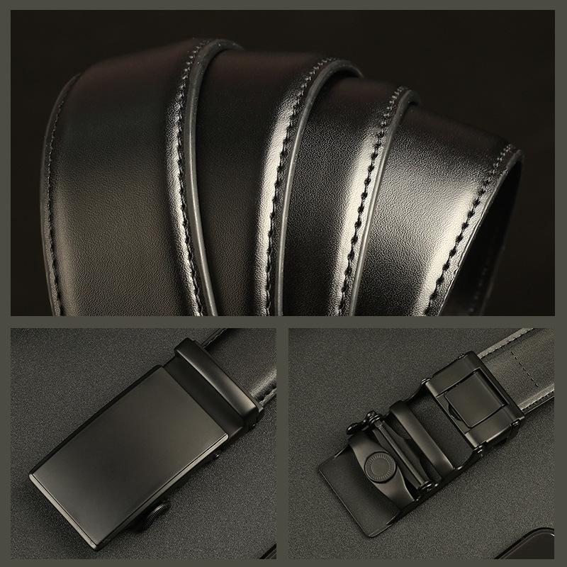 Men's Leather Belt, Men's Automatic Buckle Head, Cowhide, Business Casual, Black, Minimalist, Trendy Youth Belt