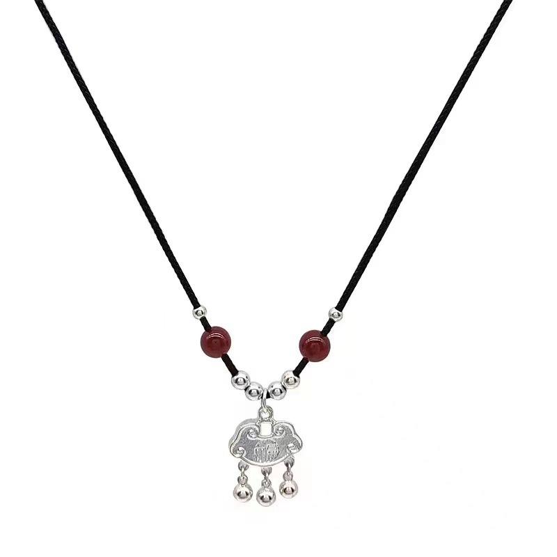 

New Chinese necklace ins student girlfriend safety lock ethnic style handwoven long life lock bell pendant