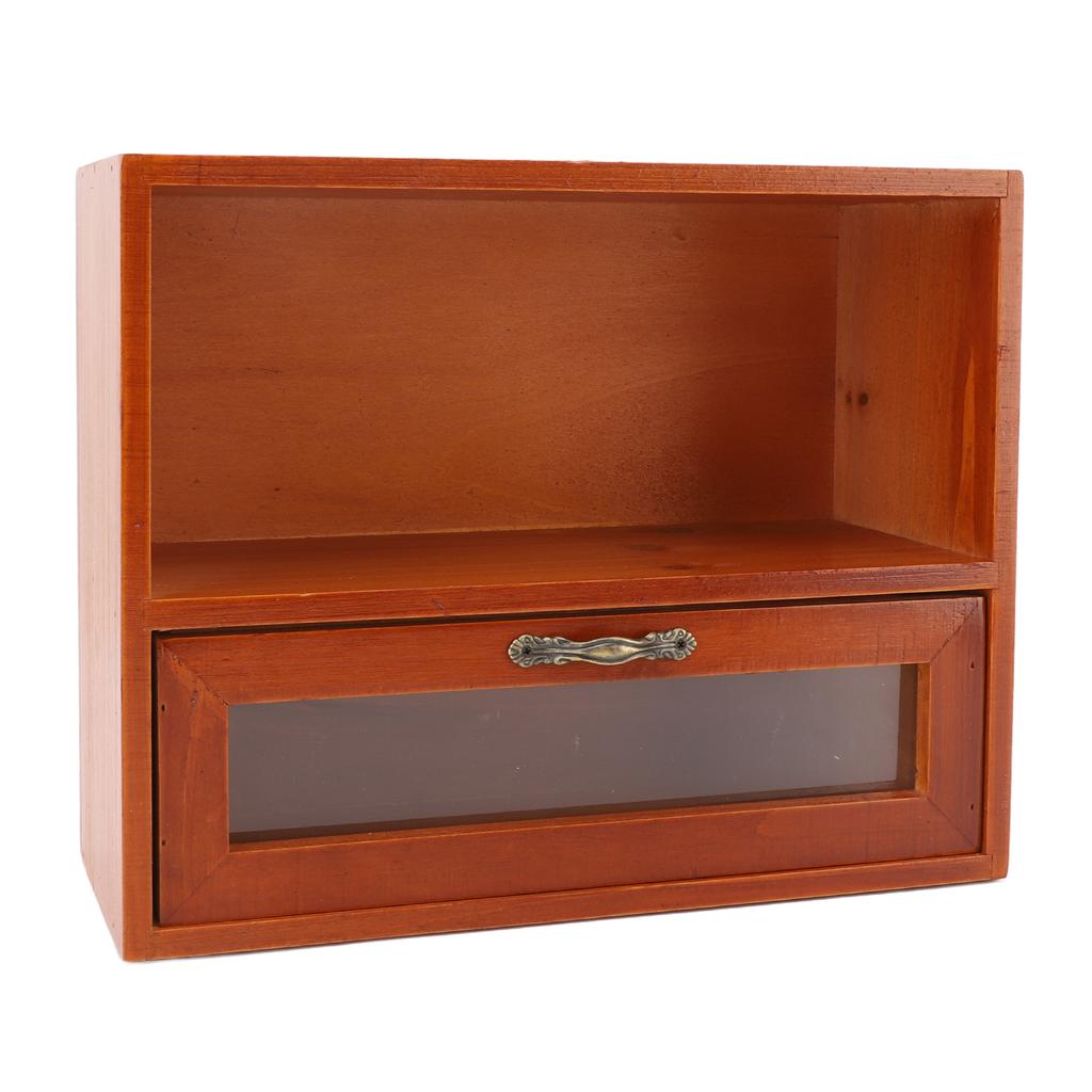 Organizzatore da Tavolo Vintage in Legno Massiccio Vetrina da Scrivania Scatola Portaoggetti con Cassetto Trasparente per